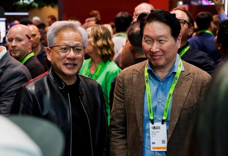 SK Group Chairman Chey Tae-won, right, meets with Nvidia CEO Jensen Huang during the Nvidia GTC global artificial intelligence conference in San Jose, Calif., Monday (local time). Reuters-Yonhap 