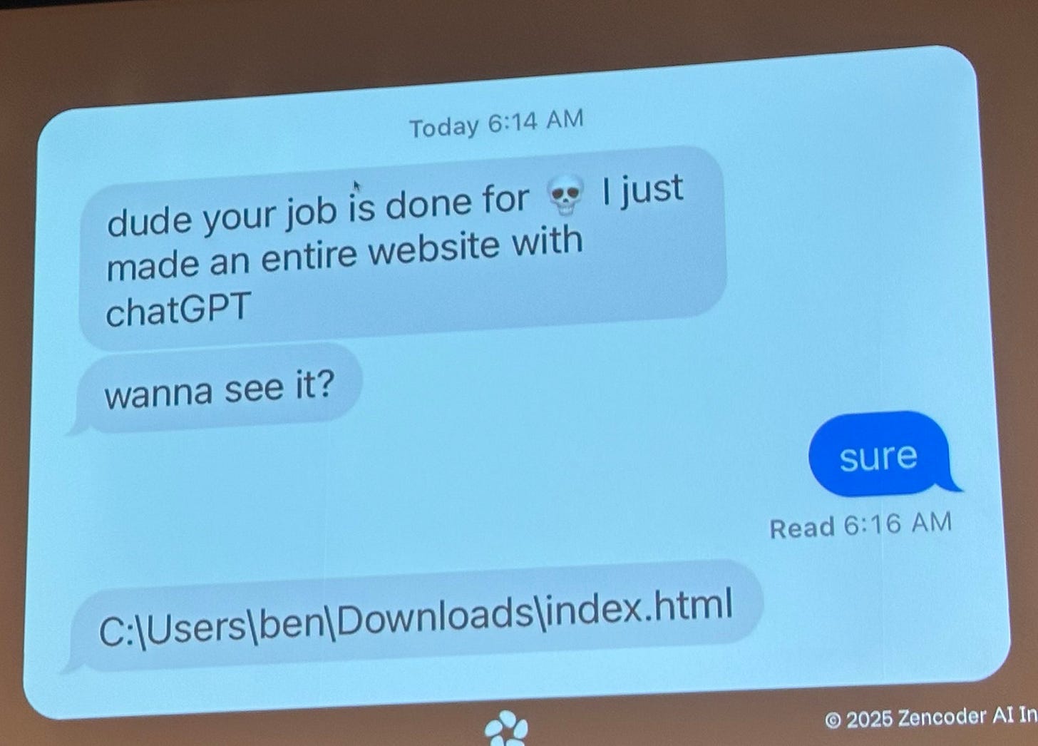 Meme: Konverzace ve zprávách v mobilu – Kámo, AI ti vzala práci. Udělal jsem celý web sám jen s AI. Chceš ho vidět? C:\Users\ben\Downloads\index.html