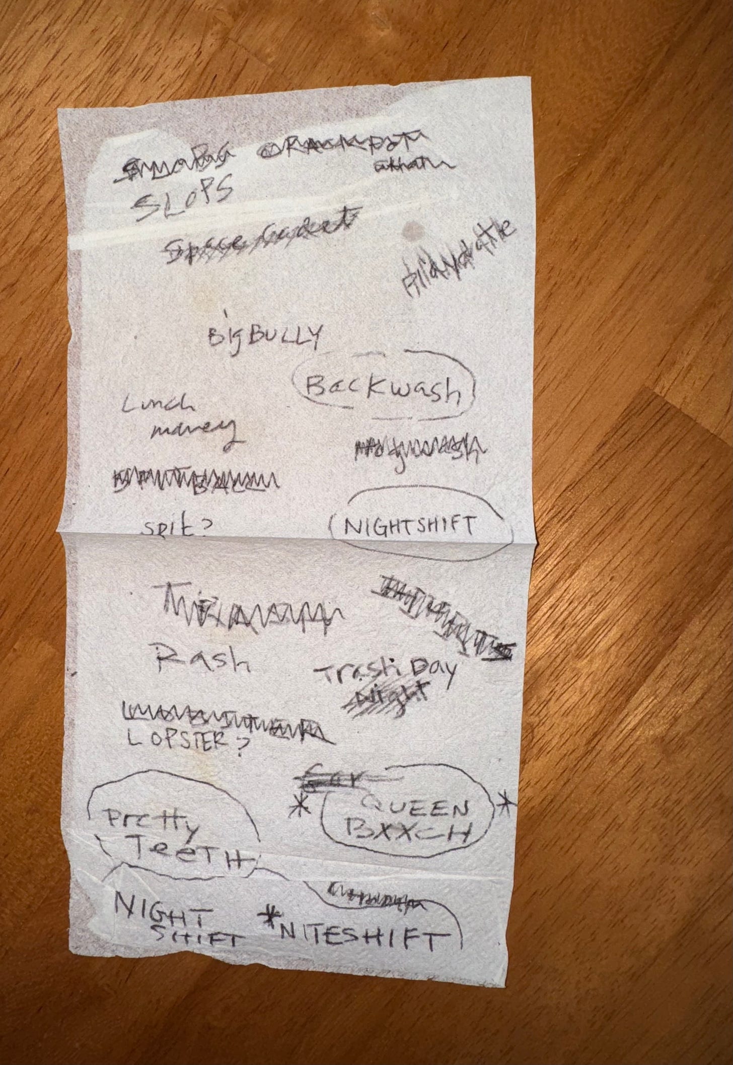 napkin with scribbled words in pen; a brainstorm for zine names