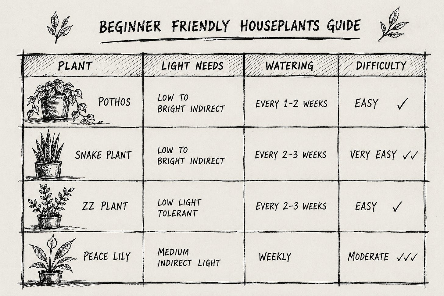 Beginner-friendly houseplant guide chart featuring the pothos, snake plant, zz plant, and peace lily. Beginner-friendly houseplant guide chart featuring the pothos, snake plant, zz plant, and peace lily.