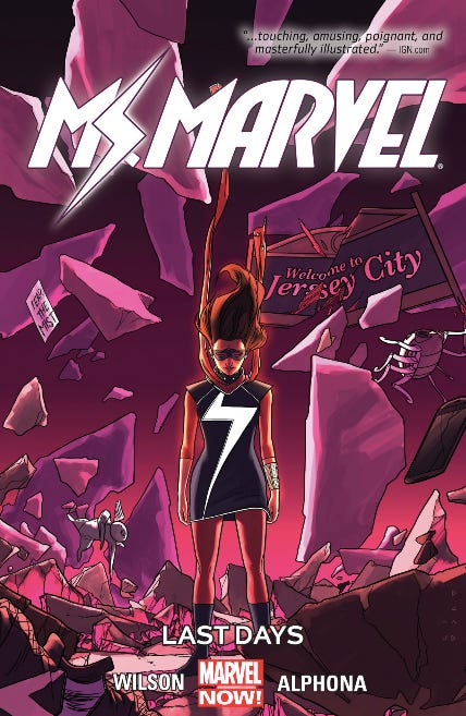 front cover of ms marvel vol 4 shows ms marvel surrounded by an apocalytic scene of jersey city being torn apart into rubble