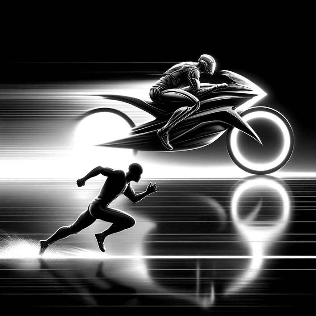 A high-contrast black-and-white aesthetic image symbolizing 'The Right Vehicle Is More Important Than Effort.' The image features two figures: one running on foot, exhausted and struggling, while another rides a sleek futuristic motorcycle, far ahead in the distance, effortlessly zooming forward. The person on the vehicle should appear human, not alien, wearing a modern, sleek helmet and gear. Motion blur enhances the sense of speed and progress, creating a stark contrast between effort vs. efficiency. The background emphasizes distance and movement, illustrating how the right vehicle accelerates success. The style is minimalistic, modern, and high-tech, fitting the AI-generated concept art aesthetic. No words, just a powerful visual representation.
