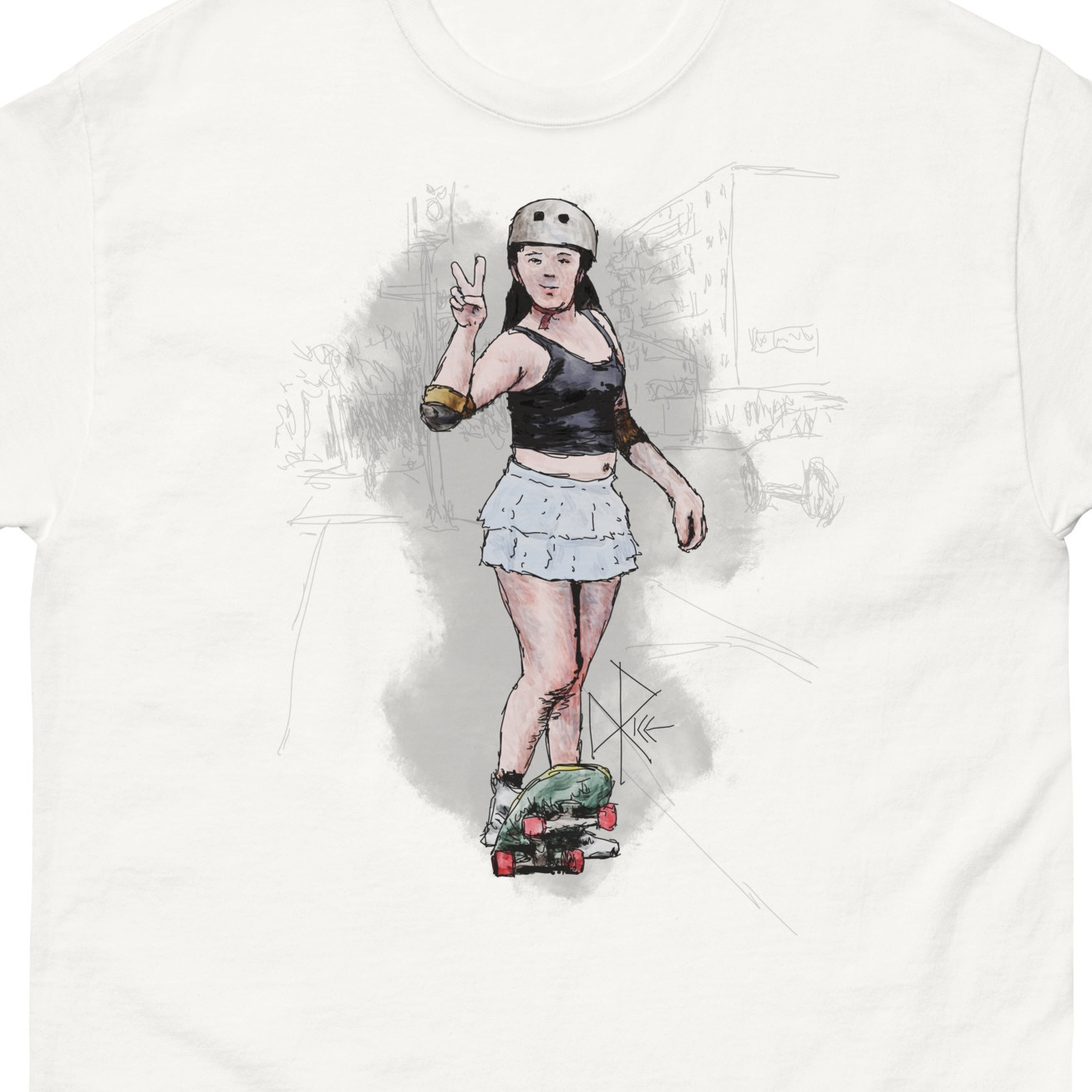 A teen girl enjoys a few hours of a pleasant summer afternoon while working to perfect an Ollie. Sketch art by Don Rice.