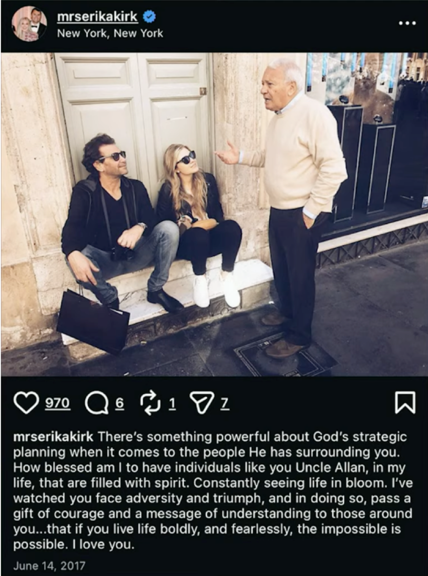 Erika’s affectionate tribute to “Uncle Allan” reads like a message to a patriarch, not a mentor. The Rothstein surname—paired with Nicole Rothstein calling Erika “my cousin”—reveals a bloodline relationship that predates TPUSA, predates Charlie Kirk, and links Erika directly into one of America’s most historically influential diaspora families.