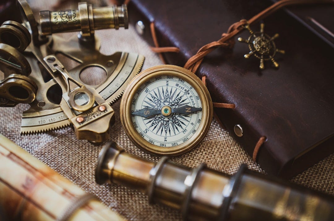 silver and gold compass on black leather textile silver and gold compass on black leather textile