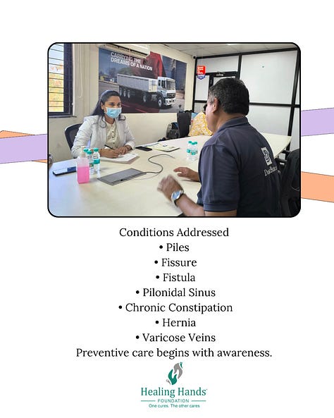 Workplace wellbeing goes beyond desks and deadlines; it begins with awareness and timely care.  Healing Hands Foundation, in collaboration with Autobahn Corporation BharatBenz, conducted a free health awareness and consultation camp at their Chakan (Khed) branch. The camp focused on #Piles, #Fissures, #Fistula, #PilonidalSinus, #ChronicConstipation, as well as #Hernia and #VaricoseVeins.  A total of 25 employees and team members from Autobahn Trucking Chakan (BharatBenz),  benefited from the initiative.  Participants received consultations, counselling, and medical guidance, encouraging them to address health concerns often overlooked in demanding work routines.  The camp was supported by the Healing Hands Foundation team, with Dr Ashwini Pargewar,  along with Anita Said, Anand Mishal, Ujjwala Khalate, Sheetal Bhosale, and Raosaheb Galphade, ensuring seamless coordination and compassionate patient care throughout the day.