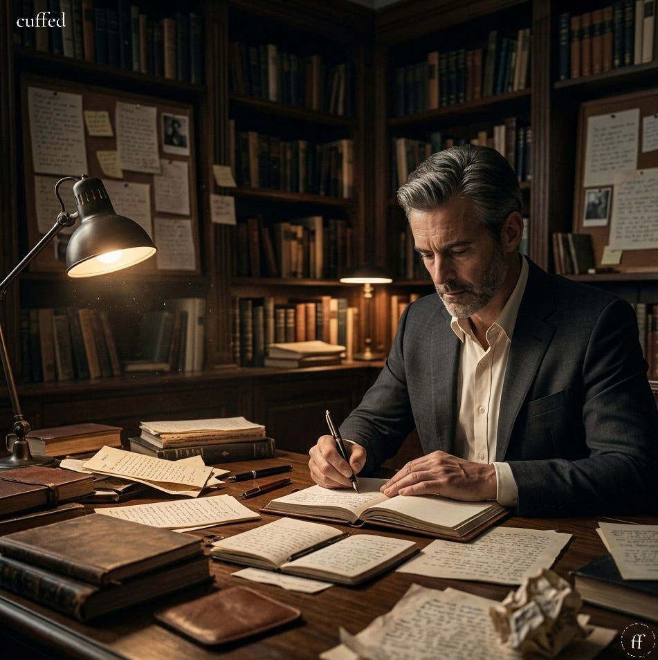 a man in a dark jacket writes by lamplight at a desk covered in open journals and handwritten notes. floor-to-ceiling bookshelves line the walls behind him. the mood is solitary, deliberate, and deeply considered. masculine introspection. the image accompanies cuffed musing no. 100.