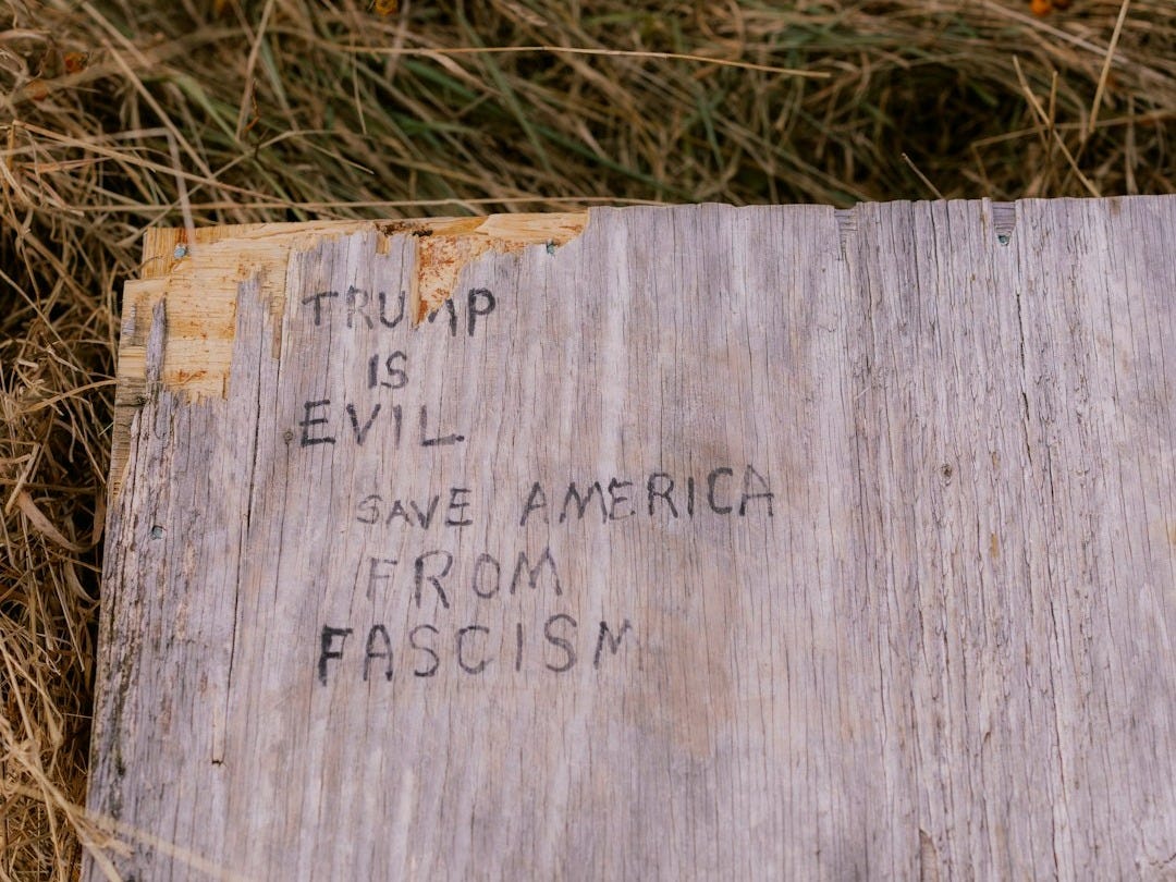 Text on wood: trump is evil, save america from fascism.