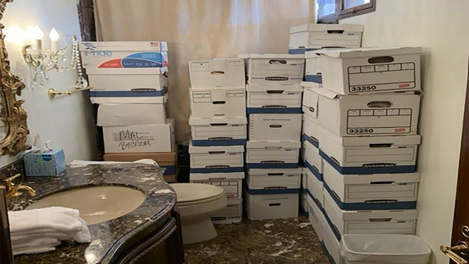 In a handout photo provided by the U.S. Department of Justice, stacks of boxes are seen in a bathroom and shower in the Mar-a-Lago Club’s Lake Room at former President Donald Trump’s estate in Palm Beach, Florida. In a handout photo provided by the U.S. Department of Justice, stacks of boxes are seen in a bathroom and shower in the Mar-a-Lago Club’s Lake Room at former President Donald Trump’s estate in Palm Beach, Florida.