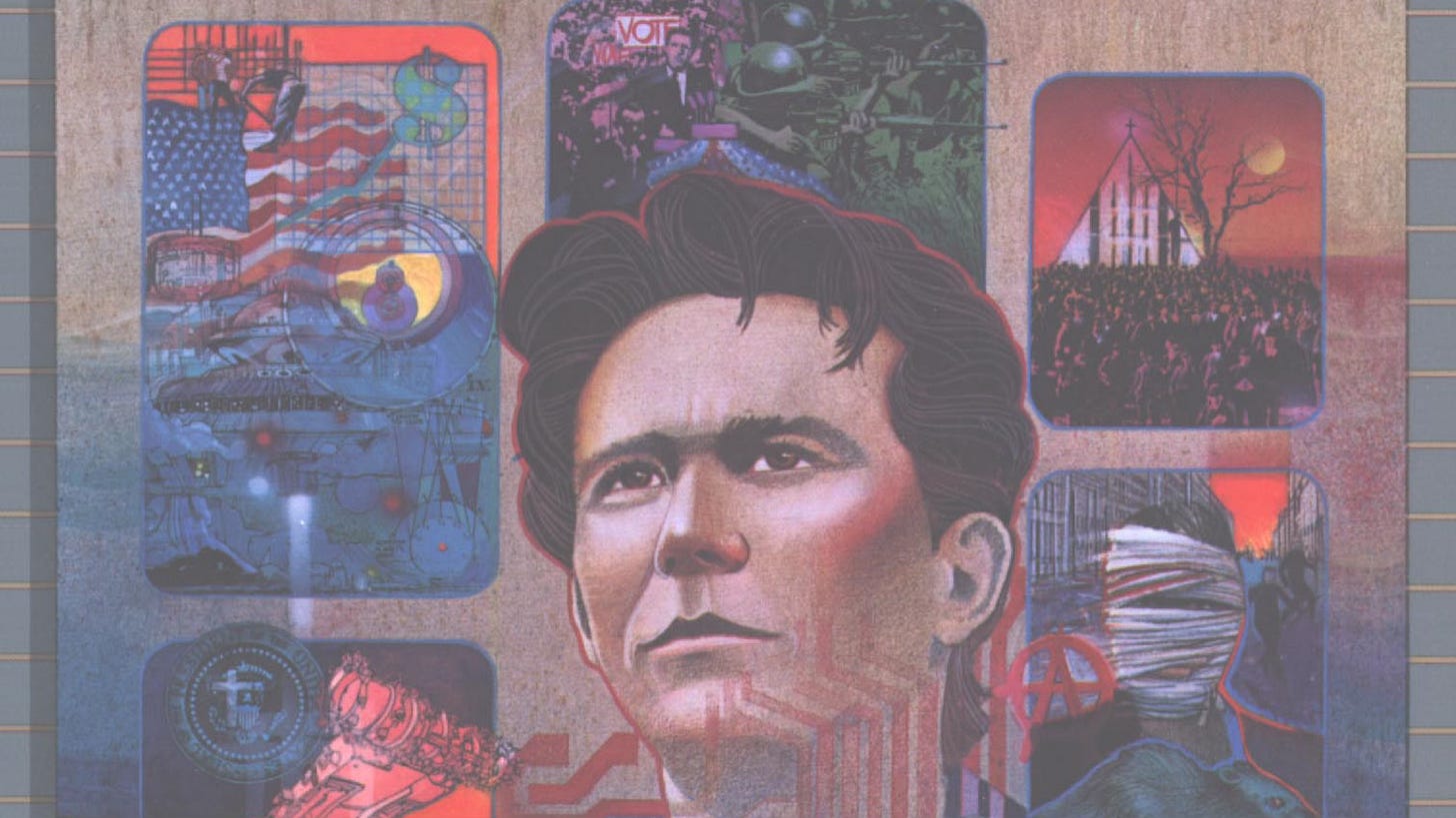 Box art for the 1985 game A Mind Forever Voyaging. Painted image of a man’s face surrounded by five different tableaus depicting futuristic scenarios.