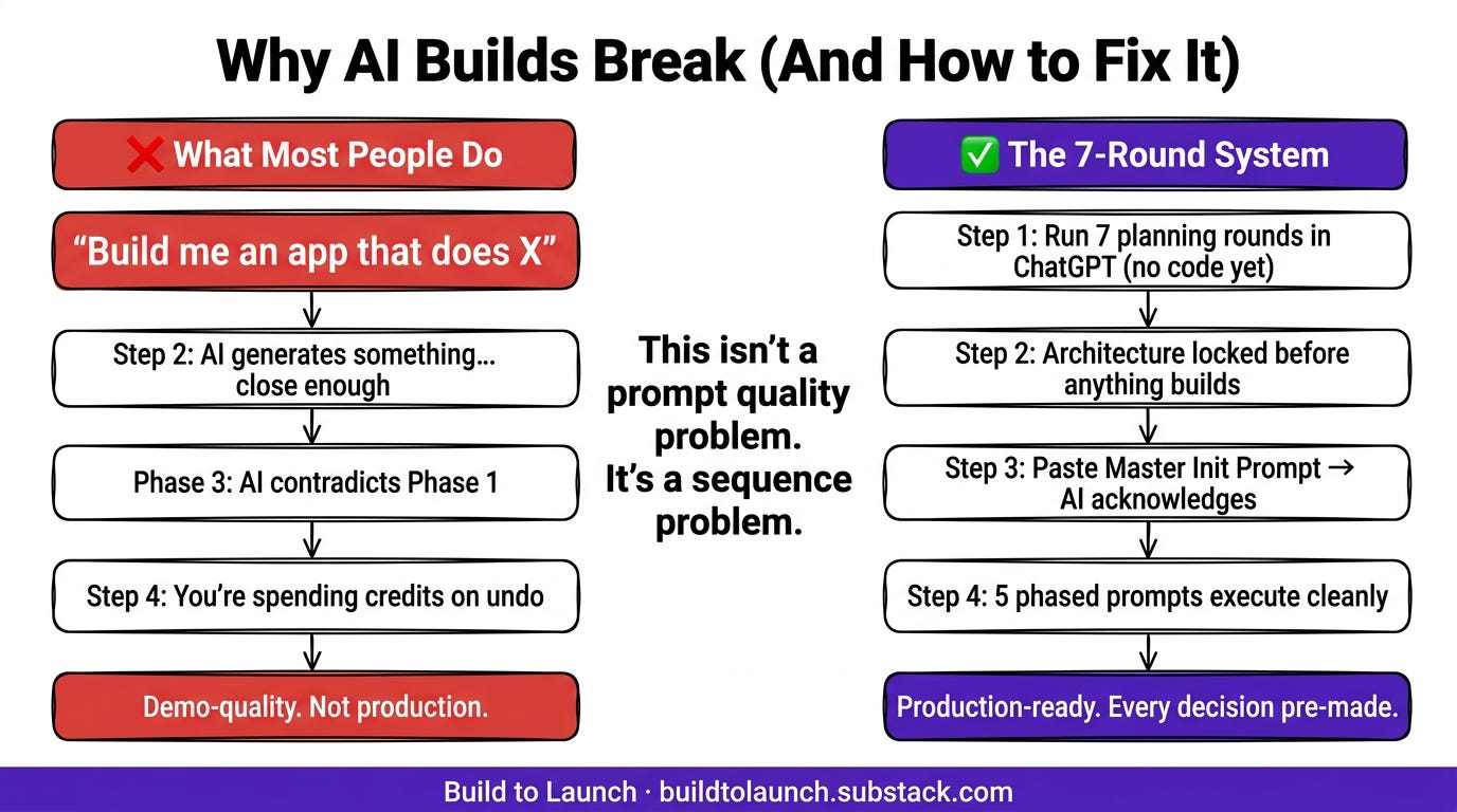 Why AI Builds Break And How to Fix It. Two-path comparison diagram. Wrong path: “Build me an app that does X” → AI generates something close enough → Phase 3 AI contradicts Phase 1 → spending credits on undo → Demo-quality, not production. Right path (7-Round System): Run 7 planning rounds in ChatGPT (no code) → Architecture locked before anything builds → Paste Master Init Prompt, AI acknowledges → 5 phased prompts execute cleanly → Production-ready, every decision pre-made. Center: This isn’t a prompt quality problem. It’s a sequence problem. Build to Launch by Jenny Ouyang