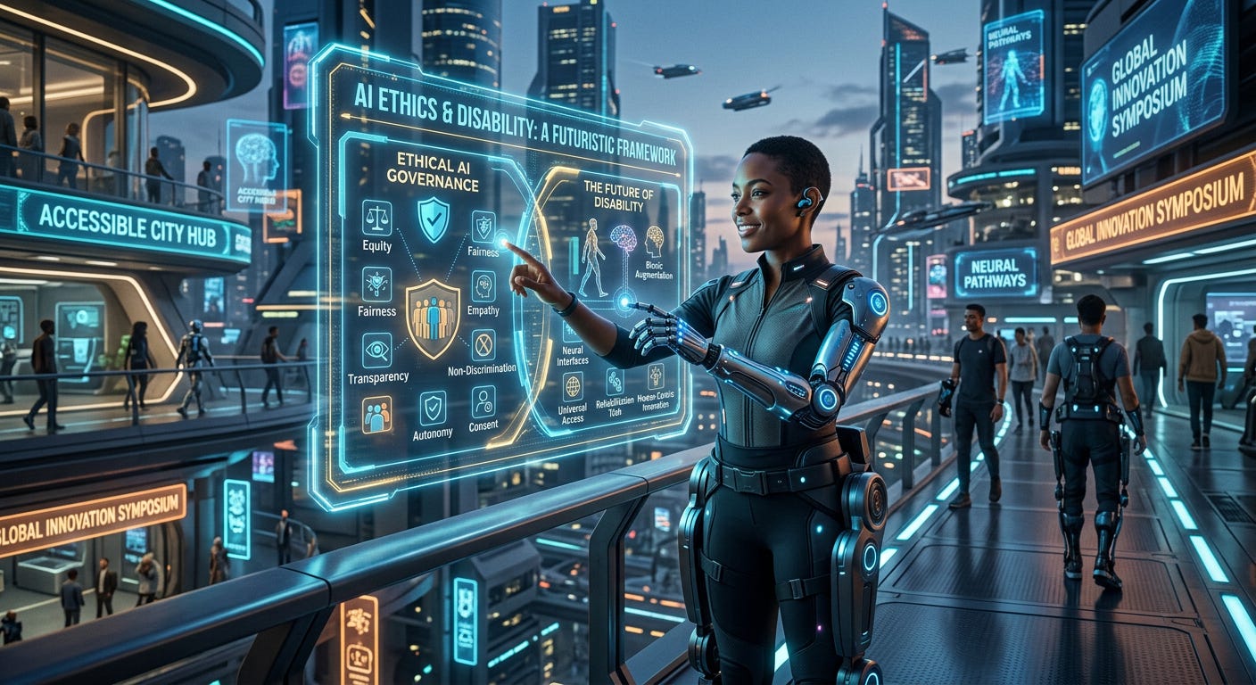 A Black woman with bionic arm and leg prosthetics points to a holographic display titled 'AI Ethics & Disability: A Futuristic Framework' in a neon-lit futuristic city.