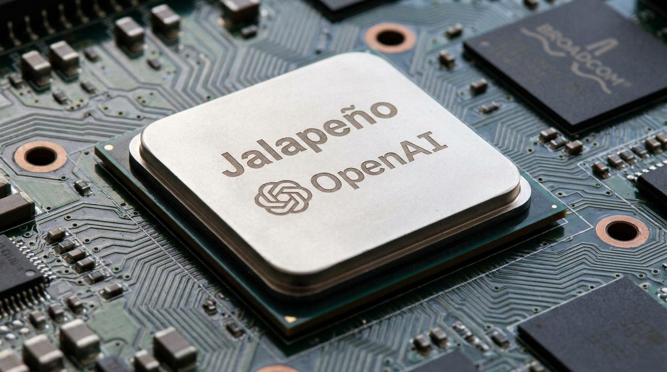 - Cận cảnh chip AI 'Jalapeño' tùy chỉnh của OpenAI. - **Alt-text:** Hình ảnh cận cảnh một con chip AI được thiết kế riêng có khắc chữ "Jalapeño" và "OpenAI" nằm trên một bảng mạch, logo "Broadcom" mờ ở phía sau.