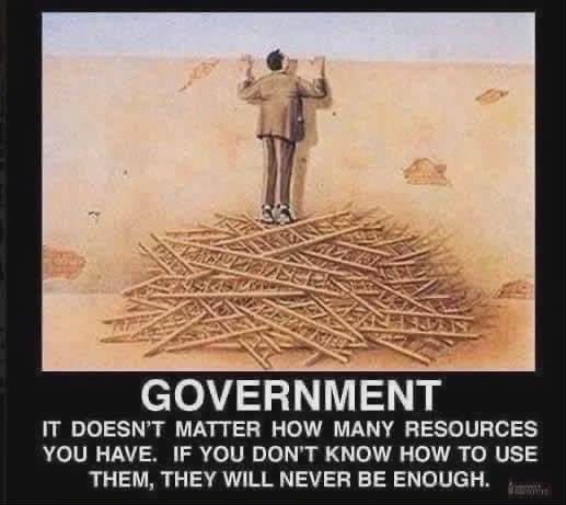 A suited man stands with his back to the viewer in front of a tall pile of sticks on a plain ground under a clear sky. The pile represents resources. The bottom text labels it Government.