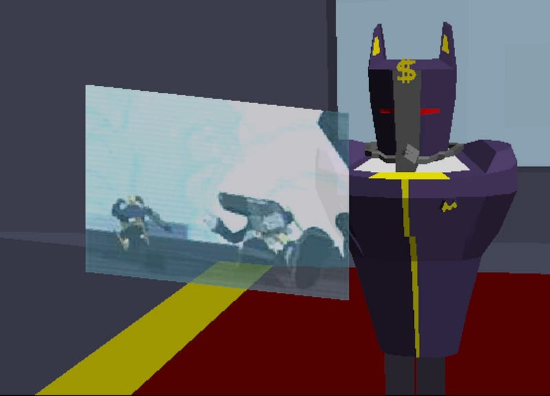 A gameplay still of Gunny Bunny++ depicting a robotic figure viewing a translucent screen.