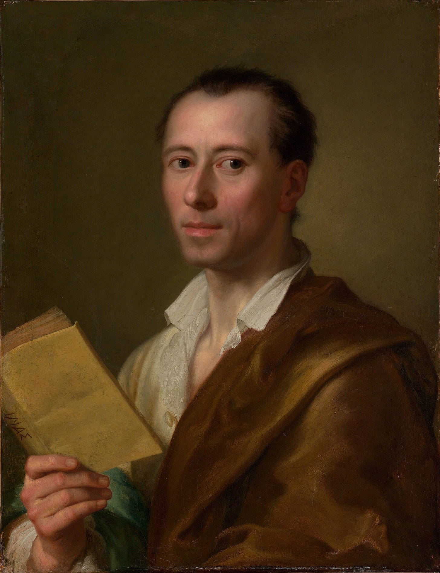 Portrait of Johann Joachim Winckelmann after Anton Raphael Mengs: the scholar in an open shirt and brown robe holds a book Portrait of Johann Joachim Winckelmann after Anton Raphael Mengs: the scholar in an open shirt and brown robe holds a book