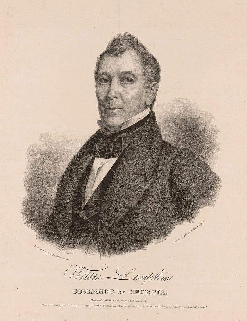 Portrait of Governor Wilson Lumpkin, namesake of Lumpkin County and key figure in Cherokee expulsion. Accessed via Wikimedia. Portrait of Governor Wilson Lumpkin, namesake of Lumpkin County and key figure in Cherokee expulsion. Accessed via Wikimedia.