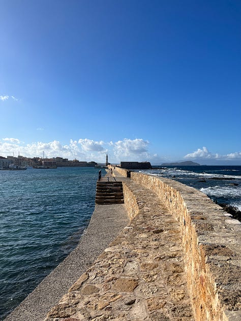 Enjoy a slow sunny afternoon sitting outside of Chania Sailing Club - Neorio Moro, perhaps after a late lunch at Kouzina EPE where they serve traditional Cretan home cooking with daily specials made fresh in the open kitchen. The bookstore around the corner Το μικρό καράβι has a good selection of English books and postcards, where I found The Greeks by Roderick Beaton, a book on Greek history that I’ve enjoying since.
