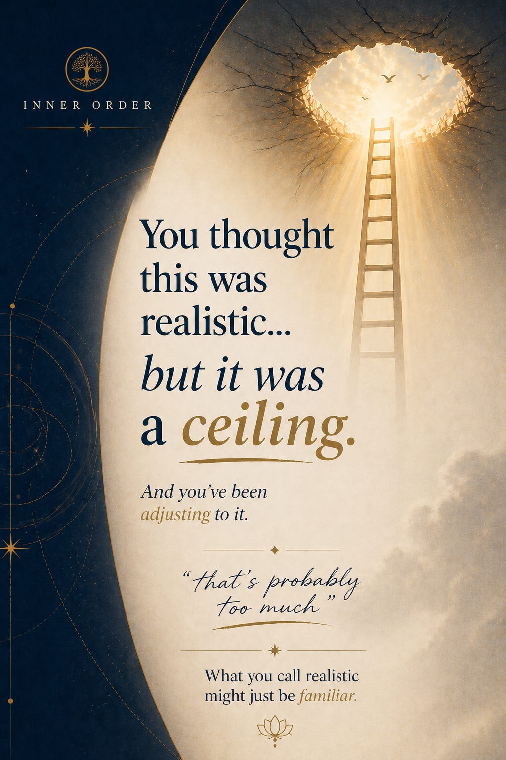 Elegant vertical Substack insert with a split layout: a deep navy panel on the left featuring a cracked ceiling opening with soft golden light and a subtle ladder reaching upward, and a cream background on the right with refined serif typography. The design explains how perceived “realism” can act as an internal limit, using minimal icons and clean spacing to guide the reader through perception, limitation, reinforcement, and awareness. The overall tone is calm, spacious, and reflective, blending metaphysical symbolism with a structured, editorial style.