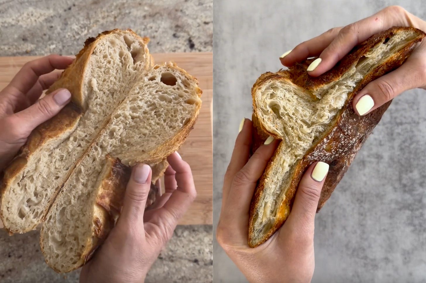 Zweiteilige Bildmontage von Sauerteigbroten in Nahaufnahme: Links halten zwei Hände ein aufgerissenes Brot mit hell-beiger, eher feinporiger Krume und heller Kruste über einem Holzbrett. Rechts ziehen zwei Hände ein anderes Sauerteigbrot auseinander und zeigen eine stark dehnbare, faserige Krume mit glänzender, ebenfalls heller Kruste.