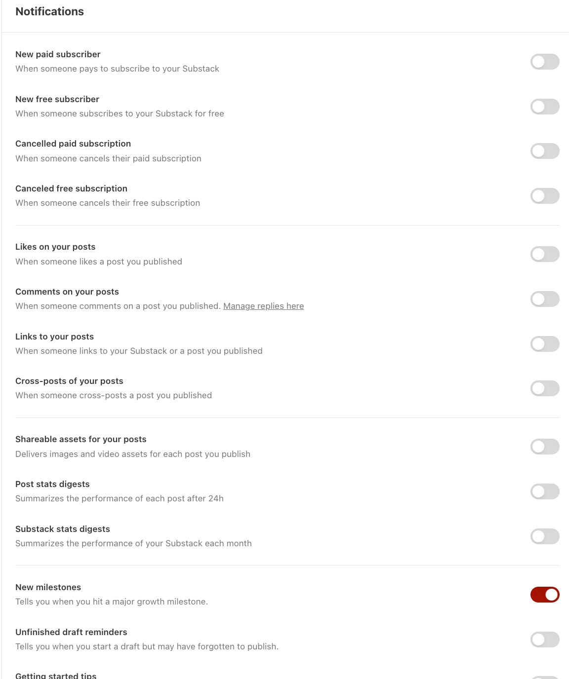 Notifications page with notifications turned off