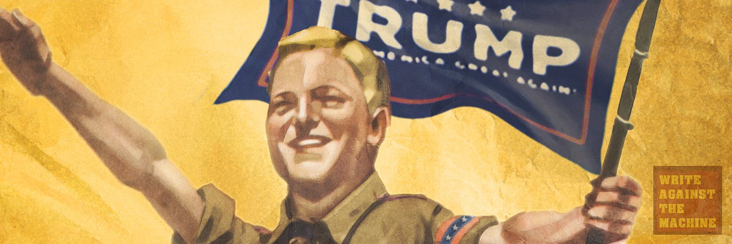 Digital collage with a historical figure and a Trump flag, illustrating historical parallels in political speech Nacizm NSDAP vs MAGA Digital collage with a historical figure and a Trump flag, illustrating historical parallels in political speech Nacizm NSDAP vs MAGA