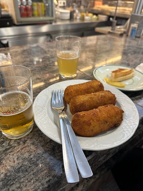 left & middle: traditional Portuguese meal at Bar Loreto; right: croquettes at Cafetería Rocablanca