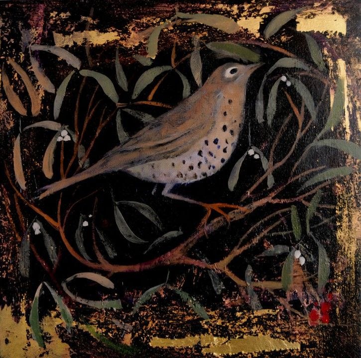This may contain: a painting of a bird sitting on top of a tree branch in the middle of leaves