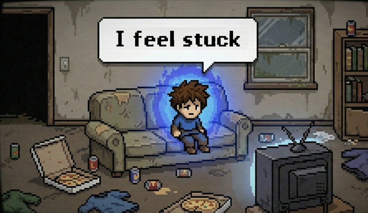 Pixel-art adventurer slumped on a sofa in a chaotic room, saying 'I feel stuck' Pixel-art adventurer slumped on a sofa in a chaotic room, saying 'I feel stuck'