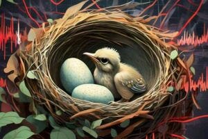 A digital illustration of a nest with eggs and a baby bird, surrounded by sound waves representing traffic noise