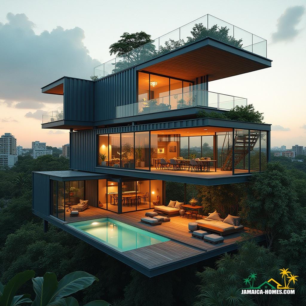 A three-story container home in Kingston, Jamaica, with bold, angular lines and unconventional module stacking, featuring cantilevered sections with glass-walled balconies, a rooftop recreational area with a small pool