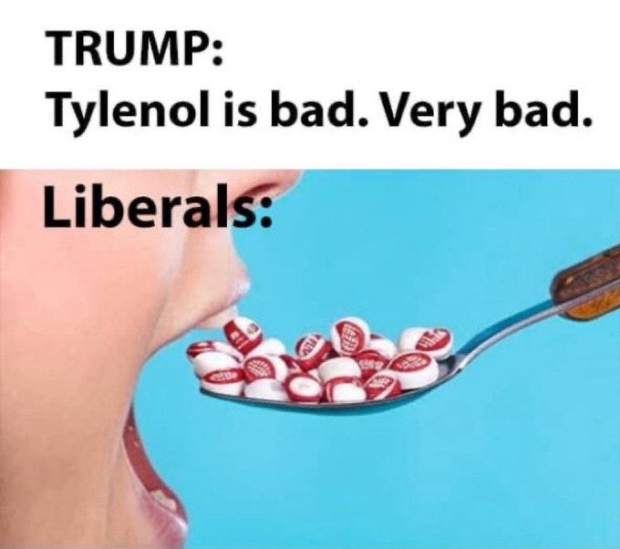 A person with an open mouth about to consume Tylenol pills from a spoon. The pills are red and white, arranged on a metal spoon held against a blue background.