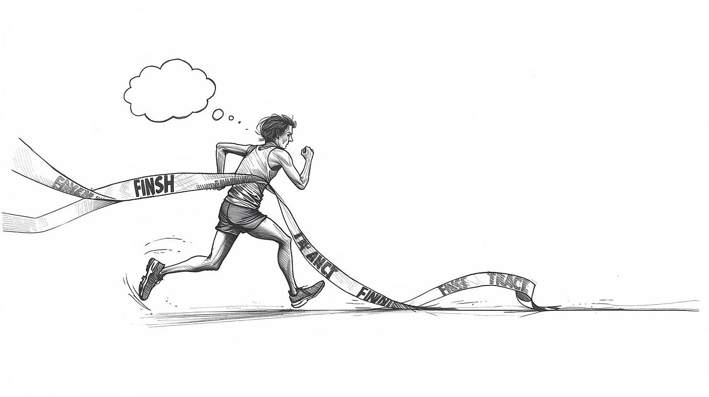 Runner crossing finish line only to find a second longer track ahead