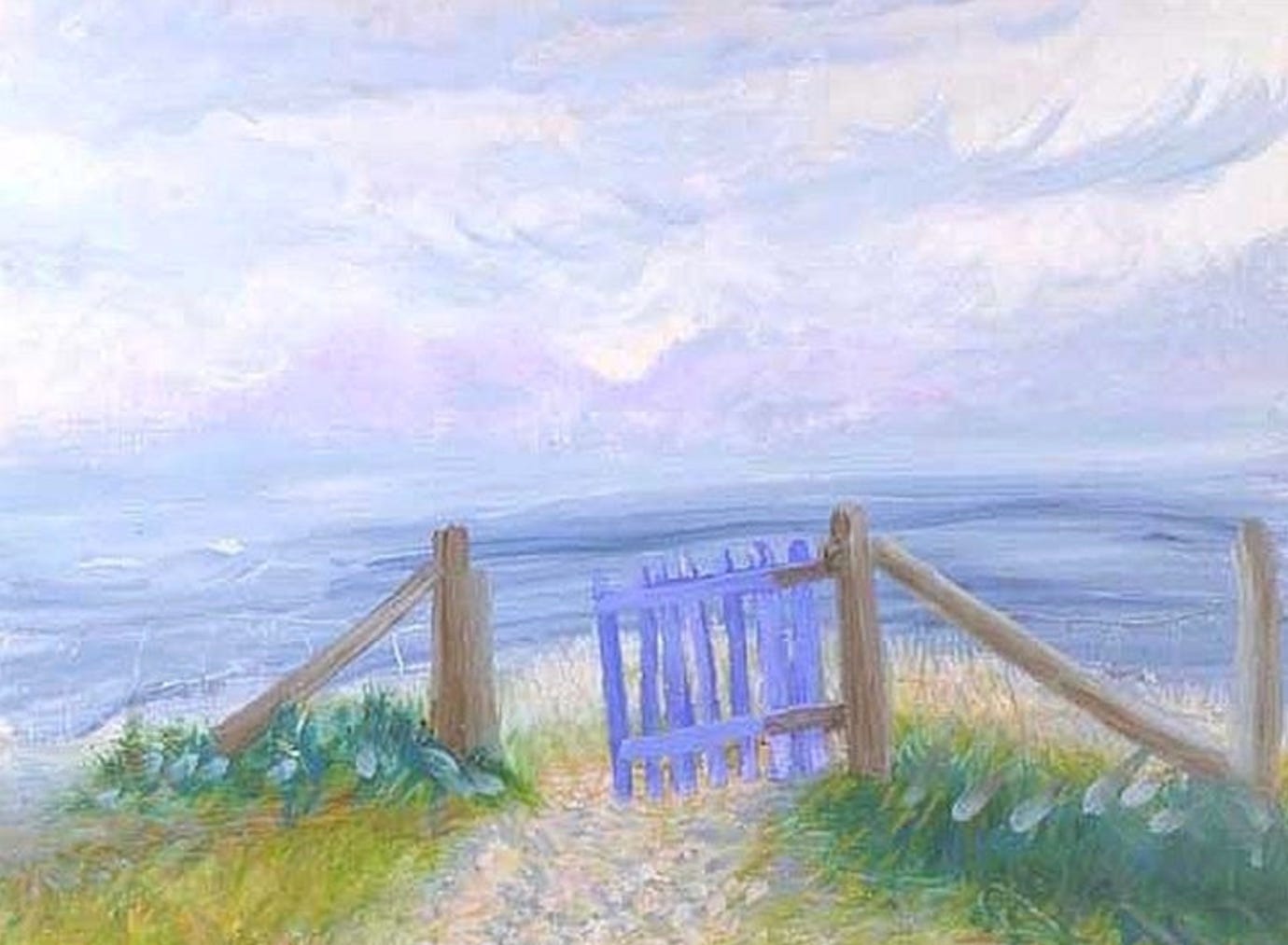 A painting of a gate leading to a beach

AI-generated content may be incorrect.