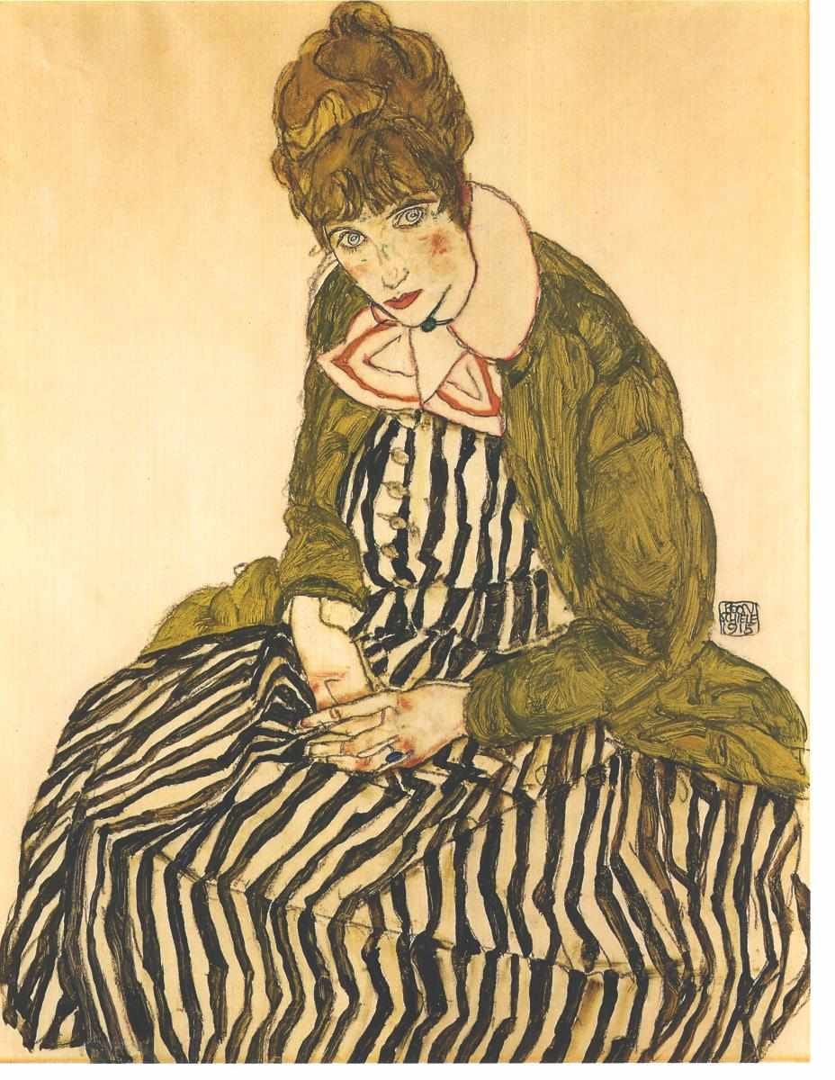 Schiele portrait of his wife Edith in a striped dress