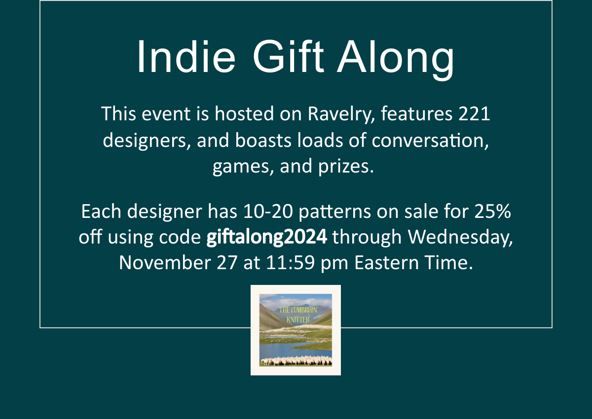 Indie GAL is hosted on Ravelry and features 221 designers. Use code giftalong2024 for 25% off select patterns through Nov 27.