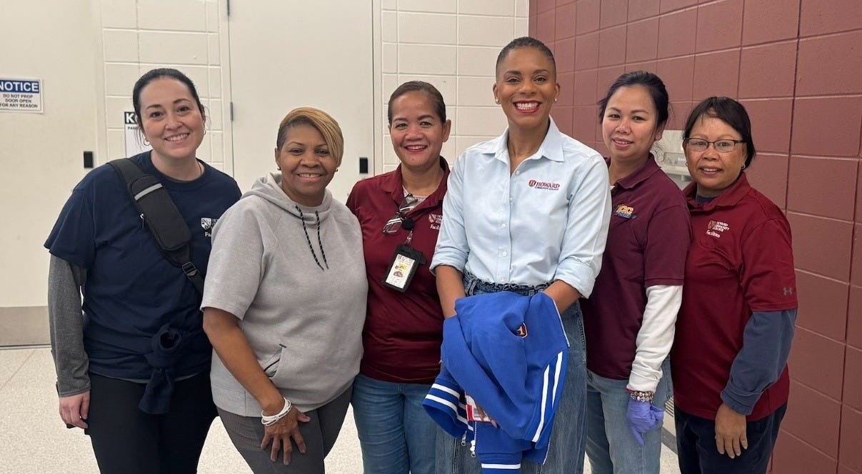 Howard Community College President Dr. Daria J. Willis poses with five members of the HCC facilities staff.