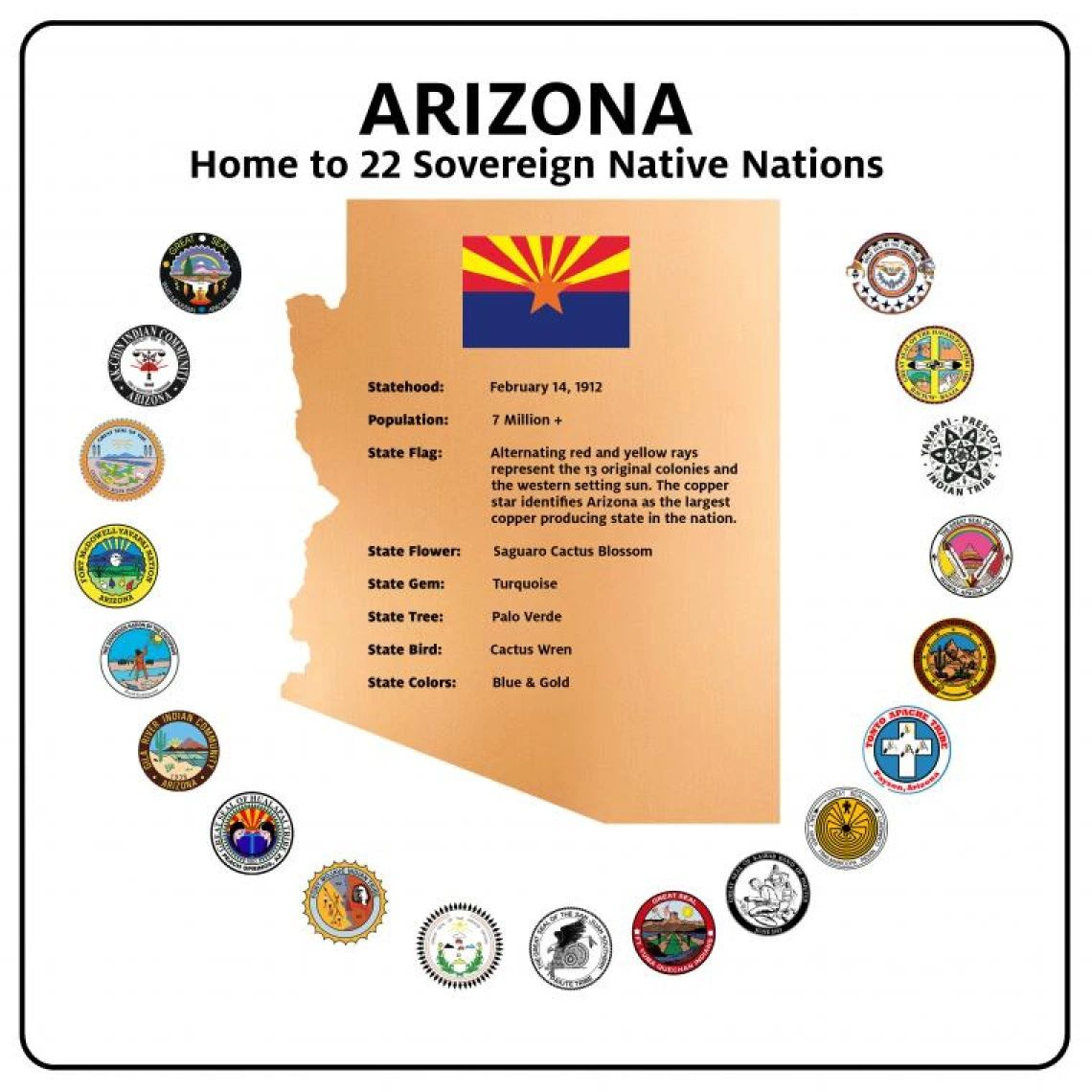 May be an image of ‎text that says '‎ARIZONA Home to 22 Sovereign Native Nations O statehoed: February 1912 Population: 7Million State Flag: Alternating represent an and ndy and identifes ttingsur פטהך laceest argest zonaa on nation. State Flower: State Cactus Blossem Turquoise State Tree: Palo Verde State tateBird Bird: Cactus Wren State Colors: Blue Gold قمة‎'‎