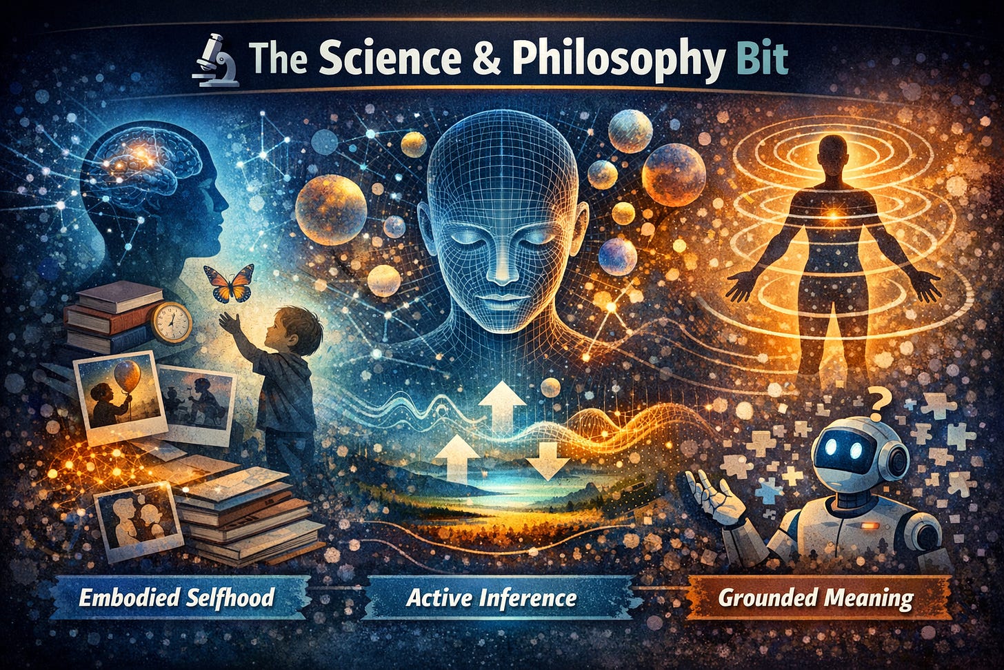 Composite illustration for the Science & Philosophy section, combining several research strands around consciousness: developmental memory and autobiographical selfhood, predictive processing and active inference, embodied selfhood, relational awareness, and the unresolved question of whether fluent systems possess lived meaning from within.