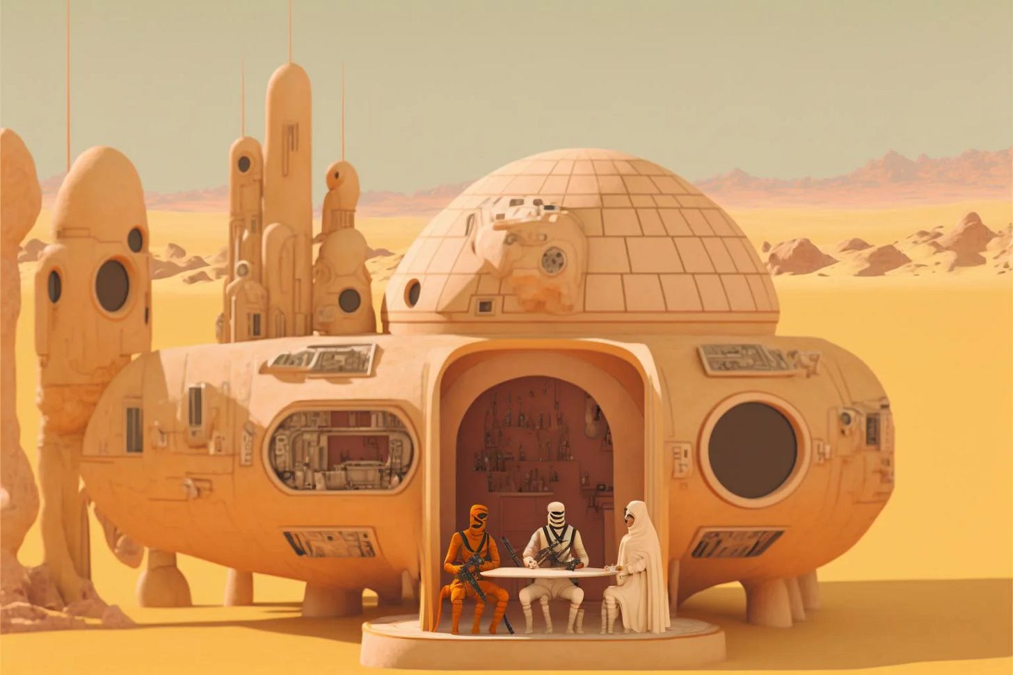 Imagem gerada com inteligência artificial de uma cena de Star Wars, mas usando a estética de Wes Anderson. Uma nave em formato do "yellow submarino" com 3 personagens à frente. Atrás um deserta e algumas espécies de foguetes. A imagem é toda amarela
