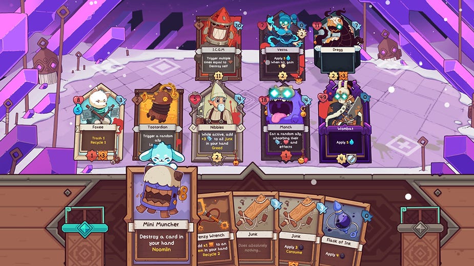 Card game interface with colorful character cards, including "Mini Muncher" and "Foxee." Purple geometric background with snowy details.