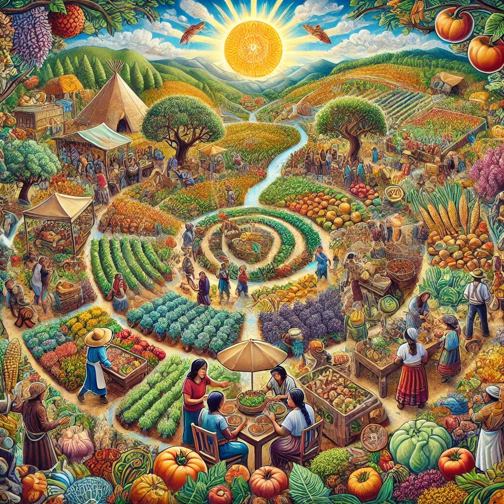 A vibrant, mural-style illustration inspired by traditional Mexican art, depicting a flourishing, interconnected food system. The artwork is full of movement, rich earthy tones, and intricate details, creating a grand vision of a regenerative agricultural society.

At the center, regenerative farmers and urban growers cultivate abundant, diverse crops under a golden sun, symbolizing sustainability and resilience. To the side, Indigenous land stewards and seed savers carefully preserve and exchange seeds, representing biodiversity and cultural heritage.

Foragers and wildcrafters roam a lush forest landscape, gathering mushrooms, berries, and edible plants, reconnecting with the land. A bustling community kitchen shows chefs and home cooks transforming fresh, local ingredients into nourishing meals, surrounded by vibrant food markets and communal tables.

Mutual aid groups and cooperatives distribute baskets of fresh produce, ensuring equitable access to food. In the background, permaculture designers and food foresters plant fruit trees, edible perennials, and resilient gardens that flourish with diverse life. 

Above the scene, educators and advocates are shown sharing knowledge about food sovereignty, ecological farming, and land stewardship. The entire composition radiates warmth, abundance, and harmony, inspired by the intricate, dynamic style of traditional Mexican murals.