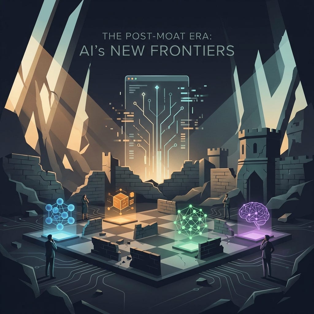 Abstract visualization of AI models converging toward the same central point