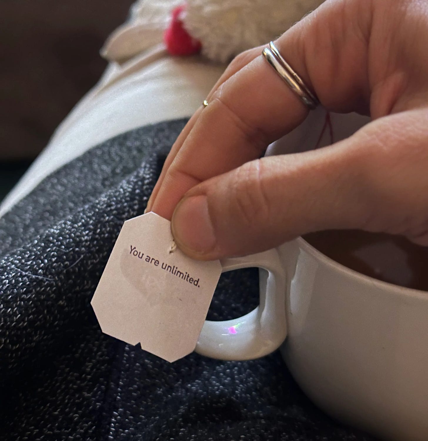 A hand holds the paper tag of a tea bag. It reads “You are unlimited”