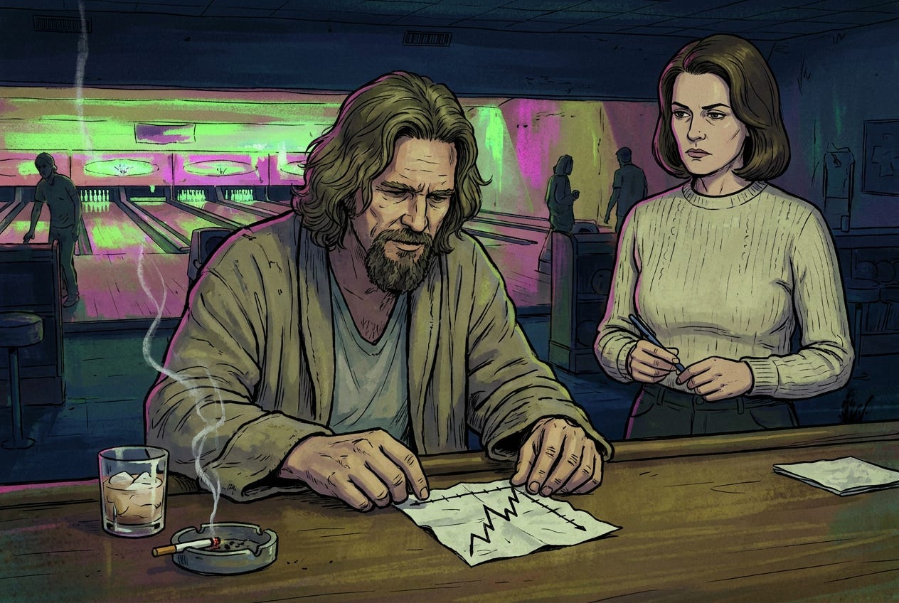 A cartoon man in a bathrobe studies a bar napkin with a flat line that spikes upward, beside a deadpan woman holding a pen. A cartoon man in a bathrobe studies a bar napkin with a flat line that spikes upward, beside a deadpan woman holding a pen.