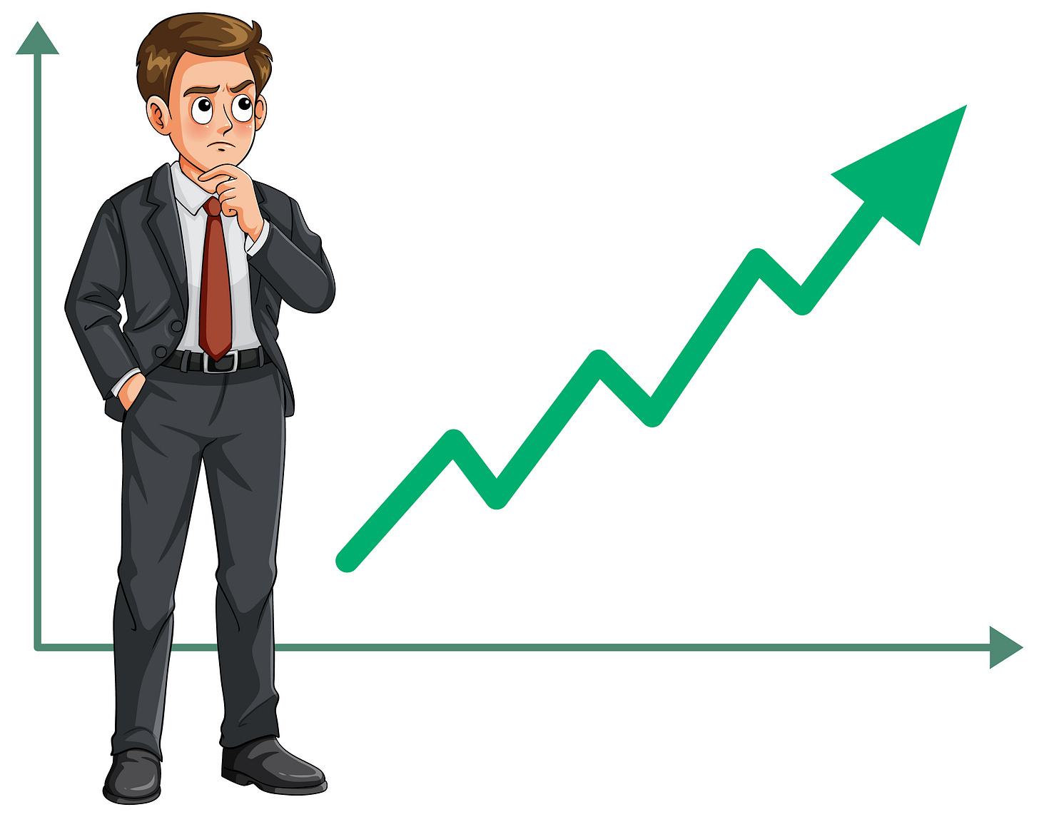 Cartoon showing standing man in thinking pose looking at a stylised upward trending chart.