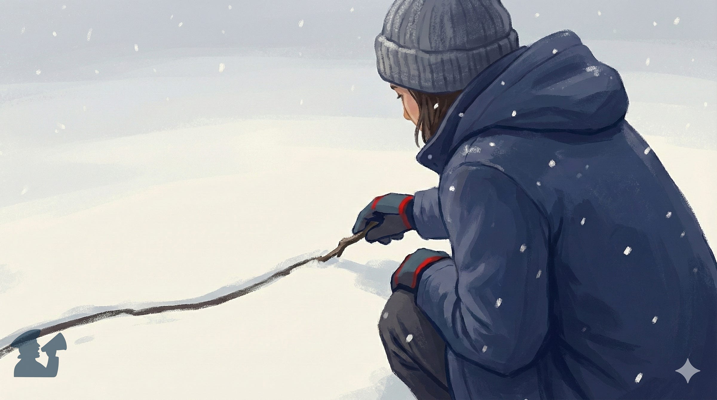 Painting of a person in a blue winter coat and gray knit hat kneels in the snow, dragging a stick to carve a long line across the frozen ground as light snow falls.
