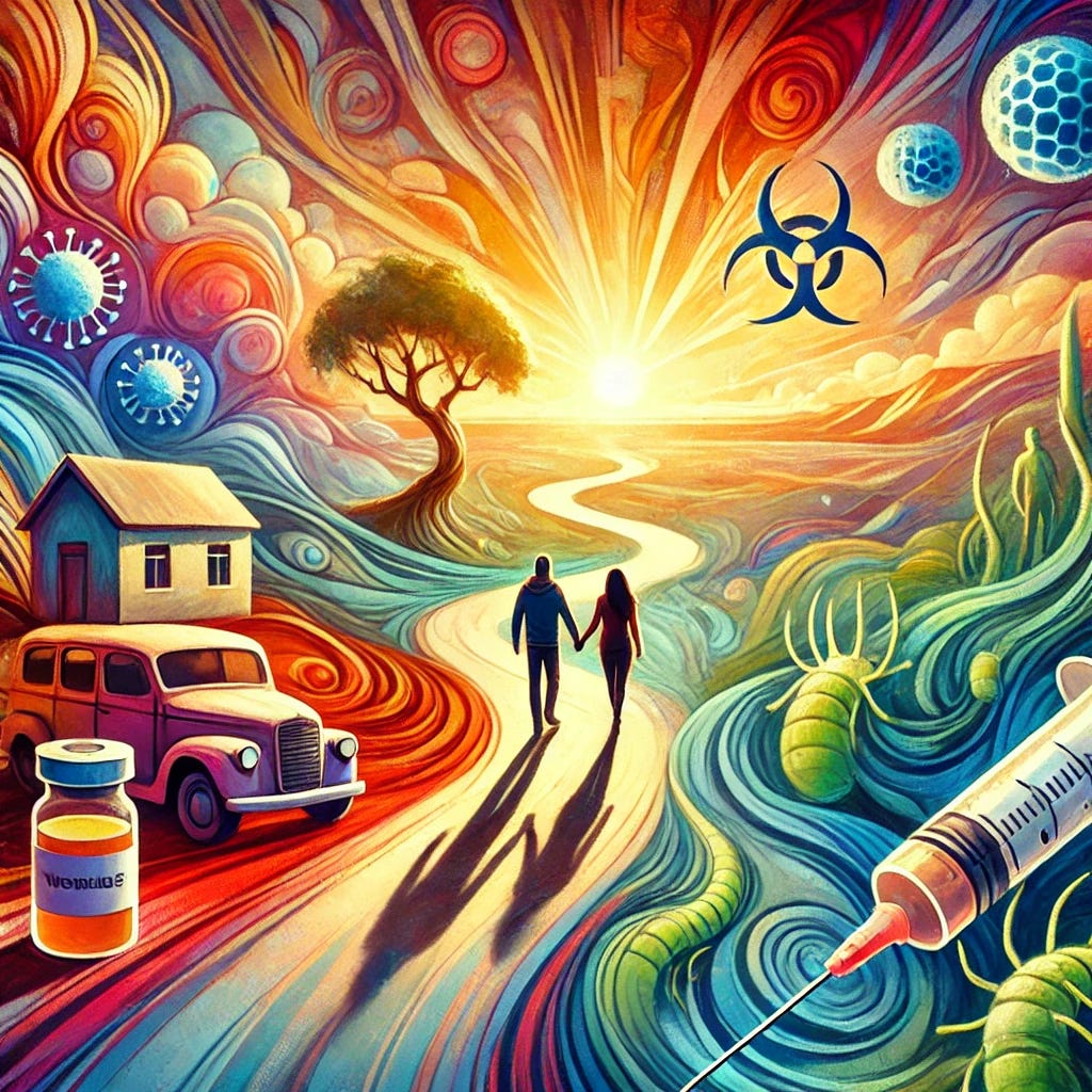 A vibrant and artistic image portraying a couple's journey through various paths in life. The scene features a couple walking hand in hand through a colorful landscape with winding roads, mountains, and a bright horizon. Artistic elements should include a symbolic representation of a home being sold, vaccine vials, and parasites subtly integrated into the environment. The image should be dynamic and visually engaging, emphasizing the themes of struggle, hope, and healing without using any text. A vibrant and artistic image portraying a couple's journey through various paths in life. The scene features a couple walking hand in hand through a colorful landscape with winding roads, mountains, and a bright horizon. Artistic elements should include a symbolic representation of a home being sold, vaccine vials, and parasites subtly integrated into the environment. The image should be dynamic and visually engaging, emphasizing the themes of struggle, hope, and healing without using any text.