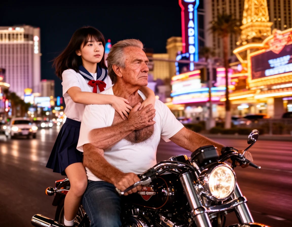 Rough older man who is Vietnam Veteran with thick chest hair riding his motorcycle in Las Vegas with Japanese woman dressed in school girl attire grabbing on to his chest