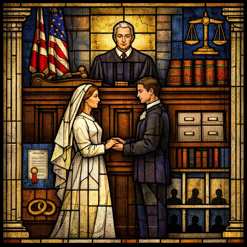 A square stained-glass image in a Gothic cathedral style showing a bride and groom standing face to face in a courtroom-like setting, holding hands beneath a stern judge seated behind a raised wooden bench. The couple wear formal wedding clothes, but the entire background is legal rather than religious: bookshelves, filing drawers, scales of justice, a framed legal document, shadowy seated figures, and courtroom paneling replace traditional sacred imagery. Rich blues, golds, reds, and browns glow through the glass, creating a solemn, ornate scene that blends marriage ritual with judicial authority. A square stained-glass image in a Gothic cathedral style showing a bride and groom standing face to face in a courtroom-like setting, holding hands beneath a stern judge seated behind a raised wooden bench. The couple wear formal wedding clothes, but the entire background is legal rather than religious: bookshelves, filing drawers, scales of justice, a framed legal document, shadowy seated figures, and courtroom paneling replace traditional sacred imagery. Rich blues, golds, reds, and browns glow through the glass, creating a solemn, ornate scene that blends marriage ritual with judicial authority.